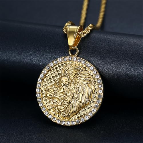 HIJONES Men's Women's Stainless Steel Zodiac Coin Embossed Necklace CZ Astrology Horoscope Pendant Necklace - color: Gold Leo