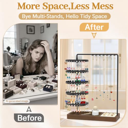 MODOWEY Earring Holder Organizer Jewelry Stand, 285 U-Slots Adjustable Rotating Earring Tree Rack, 14 Hooks Tall Necklace Display for Women, 5 Tier Compact Large Capacity Tower with Ring Tray, Black - color: Black-Brown