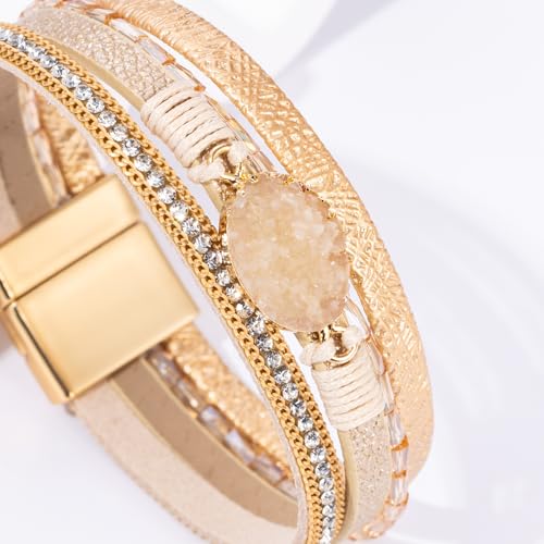 Boho Leather Wrap Bracelets Beaded Stackable Cuff Bracelet Country Concert Outfits Cowboy Cowgirl Western Jewelry Gifts for Women - color: Stone-Gold