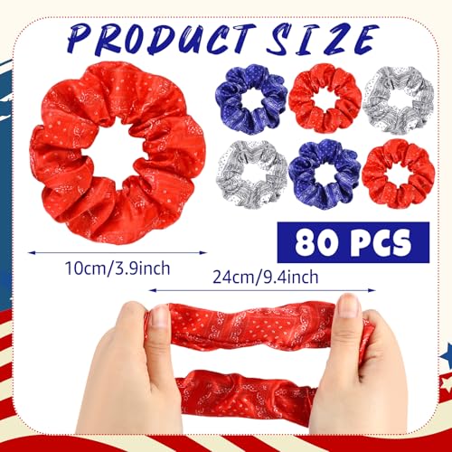 80 Pcs 4th of July Patriotic Satin Hair Scrunchies Red White Blue Paisley Silk Hair Ties Elastic Bands Ropes USA Ponytail Holders Ties for Women 250th Independence Day Party Supplies - style: Paisley