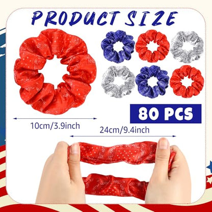 80 Pcs 4th of July Patriotic Satin Hair Scrunchies Red White Blue Paisley Silk Hair Ties Elastic Bands Ropes USA Ponytail Holders Ties for Women 250th Independence Day Party Supplies - style: Paisley