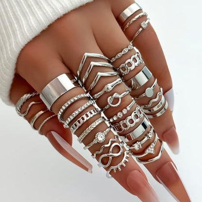 Gold Rings for Women Non Tarnish Stackable Rhinestone Moon Star Rings Dainty Stacking Pearl Butterfly Midi Pinky Thumb Joint Finger Knuckle Ring Set Gold Non Tarnish Jewelry Gifts Trendy Stuff - color: B Silver Stackable Rings 30Pcs