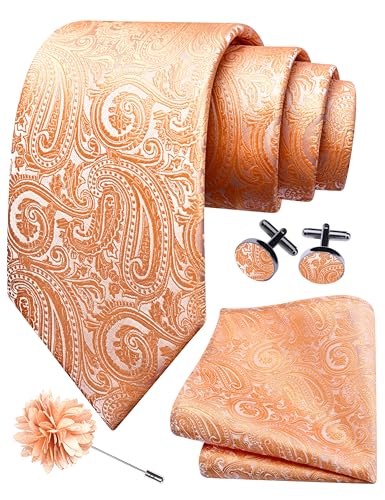 GUSLESON 3.15"（8cm） Mens Tie and Lapel Pin Paisley Necktie Hankerchief Cufflinks Set for Men - color: Light Orange