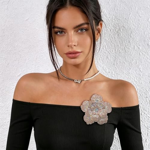 Rhinestone Flower Brooch Pin for Women Men Elegant Sparkly Crystal Camellia Floral Lapel Pins Shawl Dress Suit Clothes Accessories Wedding Party Fashion Jewelry 105mm - color: Champagne AB