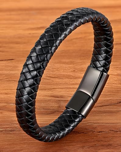 Leather Bracelet for Men, Braided Mens Cuff Bracelets with Stainless Steel Clasp Stacked Multi Style Color Anniversary Father's Day Birthday Christmas Jewelry Gifts for Him - color: Black Clasp & Brown Leather