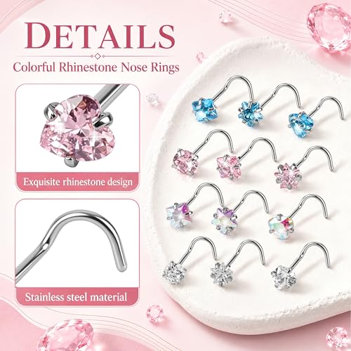 20G Colorful Rhinestone Steel Screw Nose Rings Studs Bar Pin Piercing Jewelry - color: Four colors - 16PC