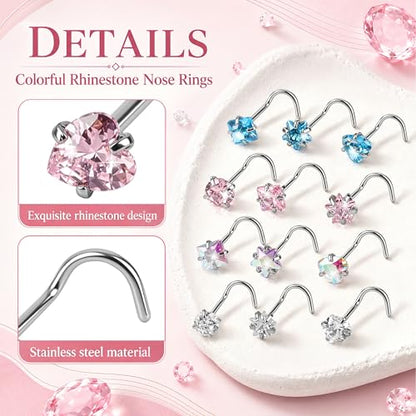 20G Colorful Rhinestone Steel Screw Nose Rings Studs Bar Pin Piercing Jewelry - color: Four colors - 16PC