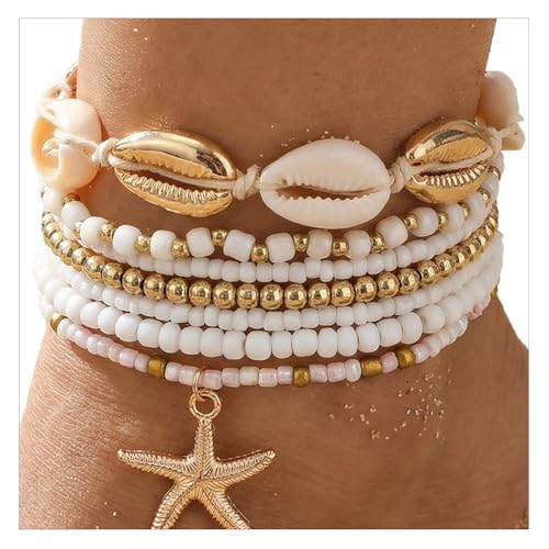 Ouligay 7PCS Boho Shell Ankle Bracelet Shell Beaded Ankle Bracelets for Women, Summer Beach Bracelets, Boho Adjustable Anklet Hawaiian Beach Seashell Starfish Foot Jewelry Gifts, Summer Accessories