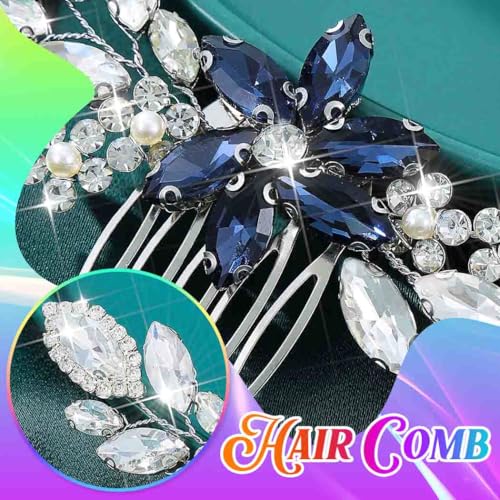 Silver Crystal Hair Comb Rhinestone Bridal Wedding Hair Pieces Flower Hair Accessories for Women and Brides (Blue)