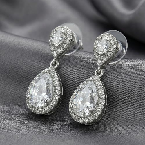 Mariell Cubic Zirconia Crystal Teardrop Dangle Bridal and Wedding Earrings, CZ Jewelry for Brides, Bridesmaids, Homecoming, Prom and Dressy Everyday Wear - color: Silver-Clear Cubic Zirconia
