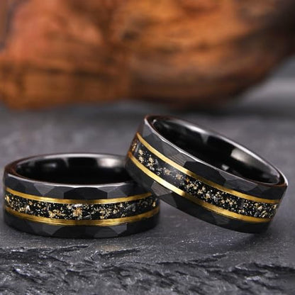 Tungsten Rings for men Black Hammered Men's Wedding bands | 8mm Inlaid Gold Foil Meteorite and Golden Grooves High Polish Matte Brushed Men's Engagement Rings Suitable for Anniversary - color: 8mm black