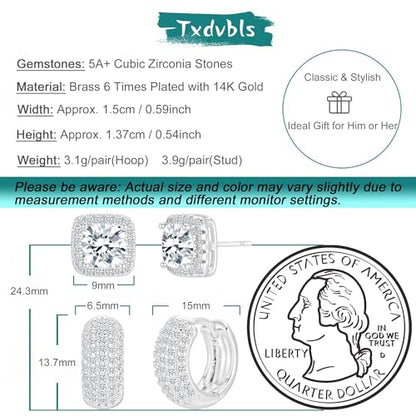 Earrings for Men 14K Gold Plated Hypoallergenic Mens Hoop Earrings | Cubic Zirconia Round/Square Stud with Huggie Hoop Earring Set,Mens Cartilage Studs for Sensitive Ear,Jewelry Gift for Him - color: Square Stud & Huggie - Silver