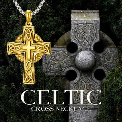 Celtic Cross Necklace For Men ，18K Gold Plated Celtic Cross Celtic Amulet Necklace Protection Jewelry Religious Gifts with 2.5mm 22"+2" Adjustable Rolo Chain - style: style5