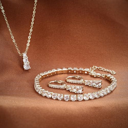 Crysdue Cubic Zirconia Jewelry Set for Women Bridesmaid, Classic Round Cut Drop Lightweight Lever Back Earrings Pendant Necklace Tennis Bracelet for Wedding Prom Party - style: 3pcs Gold