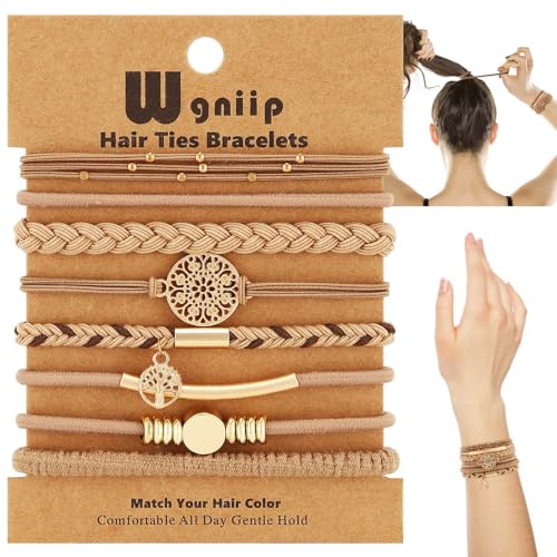 8 PCS Hair Ties Bracelets in 8 Styles, Boho Hair Ties for Thick & Thin Hair, Cute Stretch Bracelets, Light Coffee Colors Braided Hair Ties for Ponytail Holders, No Damage Elastics - color: J-Boho