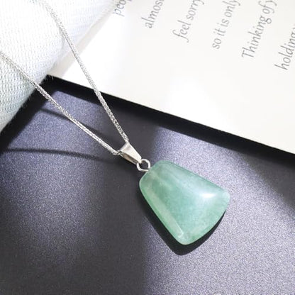 iSTONE 925 Sterling Silver Natural Crytral for Womens Pendant Necklace, Gemstone Birthstone with 17.8" Silver Chain Ladies - color: Trapezium - Green Aventurine
