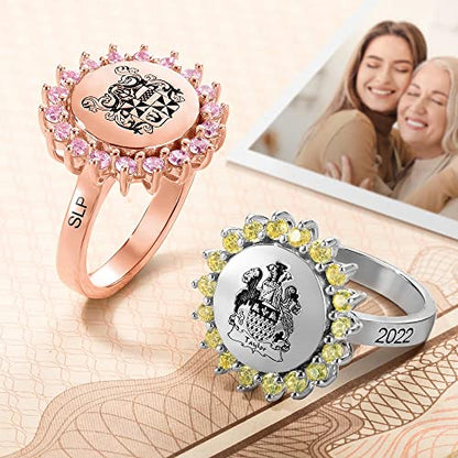 callie Custom Signet Ring - Engraved Text & Photo, Personalized Family Crest Coat Of Arms Rings, 925 Sterling Silver/Brass | Father's Day Jewelry Gifts for Men & Women - color: Birthstone