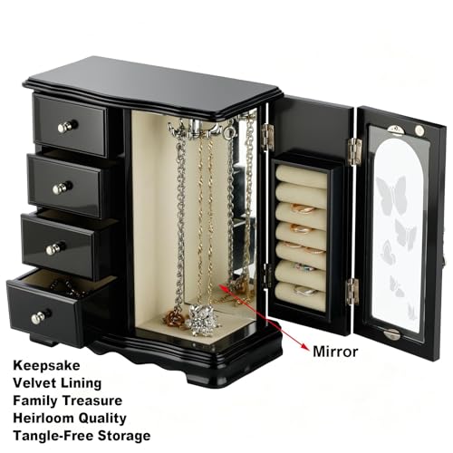 RR ROUND RICH DESIGN Solid Wood Jewelry Box Black | Large Organizer with 4 Drawers, Built-in Necklace Carousel & Large Mirror, - style: Fashion Black