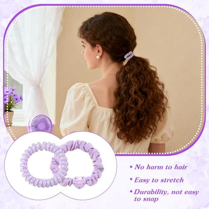 6pcs Spiral Hair Ties and Skinny Scrunchies with Heart Charms 2.36 Inch No Crease Phone Cord Coils Thin Scrunchies Hair Accessories for Ponytail Holders Purple