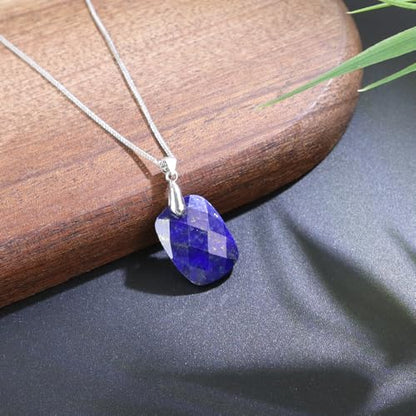 iSTONE 925 Sterling Silver Natural Crytral for Womens Pendant Necklace, Gemstone Birthstone with 17.8" Silver Chain Ladies - color: Rectangle - Lapis Lazuli