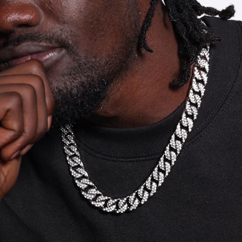 Saintda Iced Out Cuban Link Chain Necklace Bracelet Set for Men | 14mm Cuban Link Necklace Bracelet Jewelry Set Diamond Iced Out Mens Bling Thick Necklaces Chains - color: Silver-W:14MM-THK:5MM, size: 18inch