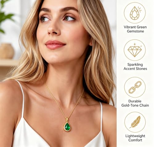 VONSSY Classic Oval Pendant Gemstone Necklace | Crystal Ruby Sapphire Waterdrop Birthstone Teardrop Emerald Necklace | 18K Platinum Gold Plated Chain | Jewelry Gift for Mother Wife Girlfriend - color: NL-Green-Gold