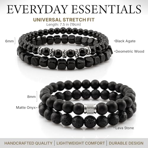 Flybar Men's 4 Piece Beaded Bracelet Set, Natural Lava Stone Black Onyx Matte Agate Tiger Eye, Stretchable Elastic Handmade Stackable - color: MK03 Rock Obsidian Wood