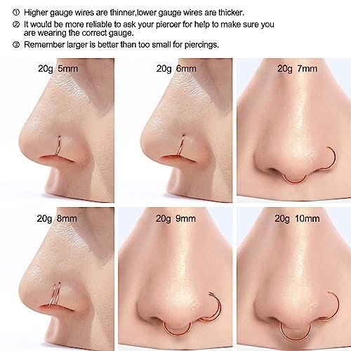 Nose Rings for Women, Gold Hypoallergenic Nose Ring Hoop, 316L Surgical Steel Septum Cartilage Earring, 20G 18G 16G 14 Guage Diameter 5mm to 16mm Body Piercing Lip Jewelry - color: Rose Gold Plated, size: Inner Diameter: 8 mm
