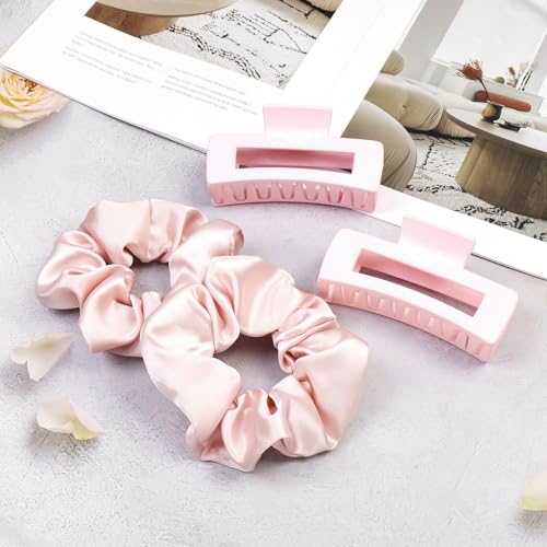 8pcs Hair Clips and Scrunchies Set for Women – 4 Non-Slip Matte Claw Clips, 4 Big Satin Scrunchies, Hair Accessories for Thick Thin Hair, Birthday/Party/Daily Use, Pink - color: Light Pink