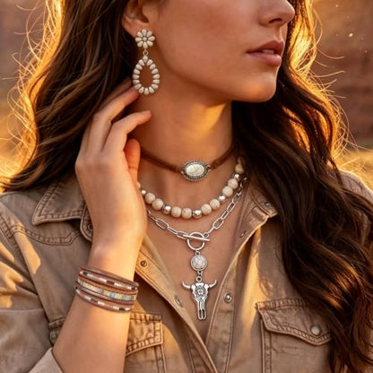 RechicGu Western Jewelry For Women Bohemian Turquoise Dangle Earrings Necklace Bracelet Set, Bullhead Pendant Layered Choker Boho Faux Leather Wristband Country Concert Cowgirl Accessories - color: White Turquoise Set