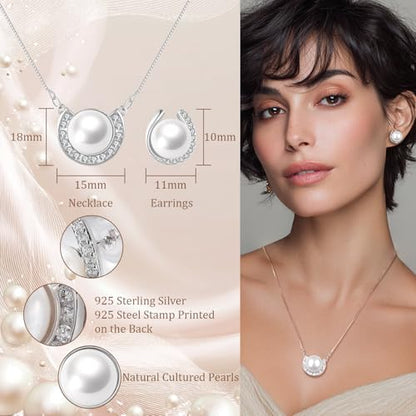 YAMI Pearl Jewelry Set for Women, Natural Cultured Pearl Necklace&Earrings | 11-12mm Pearl, 925 Sterling Silver with 5A Cubic Zirconia, Wedding Jewelry Sets, Valentine's Day/Mother's Day/Christmas Gift - color: White