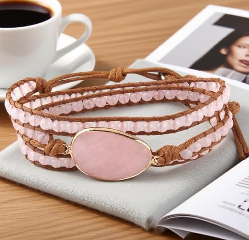 Handmade Boho Wrap Bracelets Natural Turquoise Crystal Stone Variety Beaded Strand Bracelet - color: Pink Quartz #2