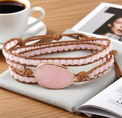 Handmade Boho Wrap Bracelets Natural Turquoise Crystal Stone Variety Beaded Strand Bracelet - color: Pink Quartz #2