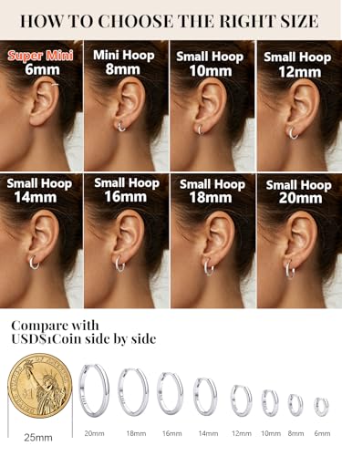 925 Sterling Silver Huggie Hoop Earrings, Small Silver Hoop Earrings for Women Hypoallergenic Huggie Lightweight Small Hoops Earring Cartilage Sleeper Earrings 6/8/10/12/14/16/18/20mm - color: Black, size: 20MM