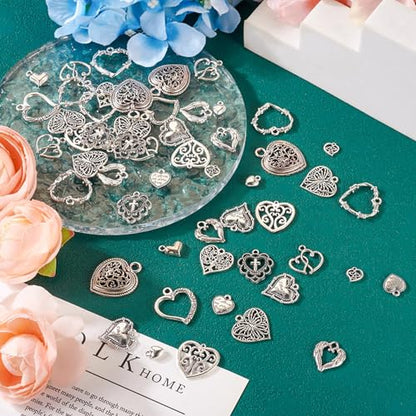 Elecrelive Crystal Heart Charms Rhinestone Heart Pendants Valentine Charms for Necklace Bracelet Earring Wedding Jewelry - color: Matte Silver, 120pcs