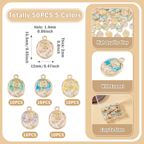 50Pcs Alloy Enamel Rose Flower Charms Golden Plated Rose Charms for Jewelry Making, 16.5x12mm Drop Oil Floral Pendant for DIY Necklace Earring Bracelet Craft Supplies - color: Golden Plated, Oval Flower