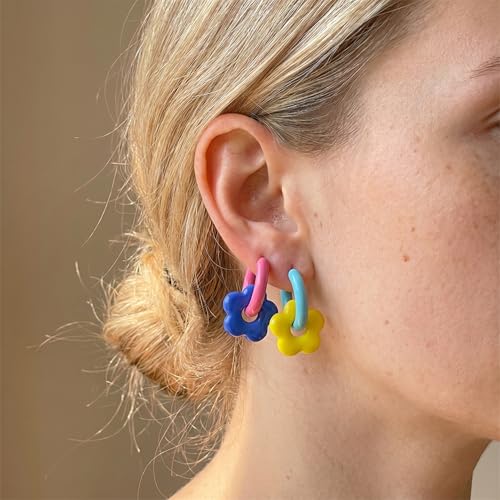 Gorgeous Acrylic Flower Hoop Earrings for Women, Vibrant Colorful Chunky Hoops, Fun Mismatched Floral Jewelry Matching Daily Spring Aesthetic Outfits Perfectly