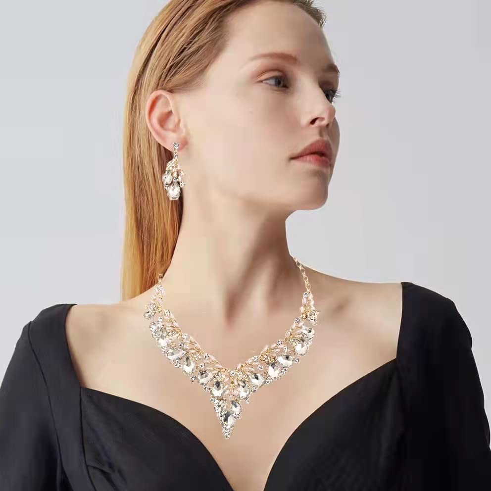 Jewelry Set for Women, Statement Necklace Dangle Earrings Bracelet Ring, White/KC Gold Plated Jewelry Set with Rhinestone Pearl Crystal Wedding Party Jewelry for Bridal Bridesmaid - color: White-Gold Plated