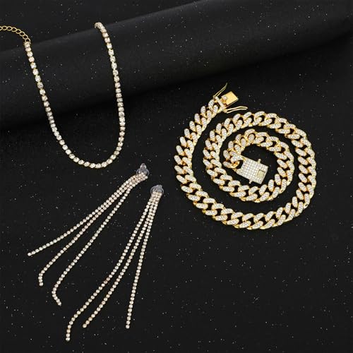 NEWITIN 13 Pieces Silver Jewelry Set for Women Stainless Steel Cuban Link Necklaces Bracelets Earrings Watch Ring Bling Cubic Zirconia Cuban Jewelry Set for Women Men - color: Gold Jewelry Set