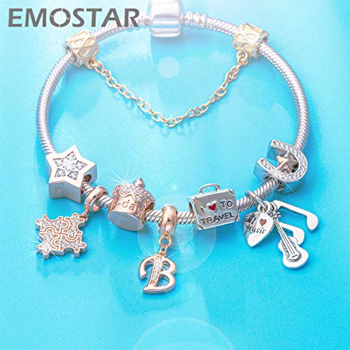 EMOSTAR Letter Charms Initial A-Z Alphabet Beads, Rose Gold 925 Sterling Silver Dangle CZ Birthstone Pendant, Gifts for European Charm Bracelet/Mothers Day/Birthday - color: Letter B