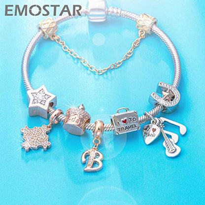 EMOSTAR Letter Charms Initial A-Z Alphabet Beads, Rose Gold 925 Sterling Silver Dangle CZ Birthstone Pendant, Gifts for European Charm Bracelet/Mothers Day/Birthday - color: Letter B