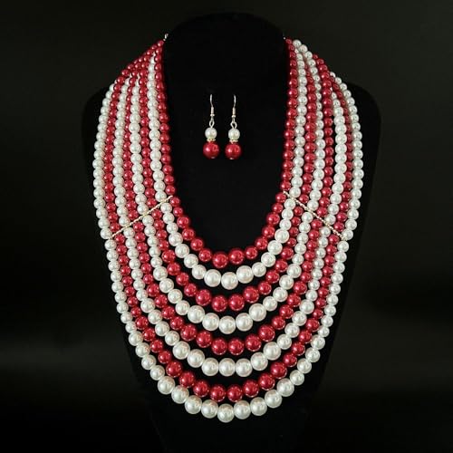 Multilayer Strand Chain Faux Pearls Flapper Beads Cluster Long Choker Necklace - color: Red Necklace
