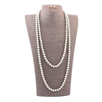 Handmade Faux Pearl Necklace and Clip on Earrings Jewelry Sets for Women Bib Choker Collar Necklace - color: 140cm White-Necklace+Screw Clip Earrings