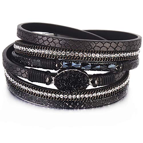 Boho Chunky Leather Wrap Bracelets Stackable Beaded Western Country Jewelry | Crystal Bead Trendy Layered Cuff Magnetic Clasp Stack Bohemian Statement Costume Outfits Cowgirl Fashion Hippie Accessories - color: Black, size: 14.7"