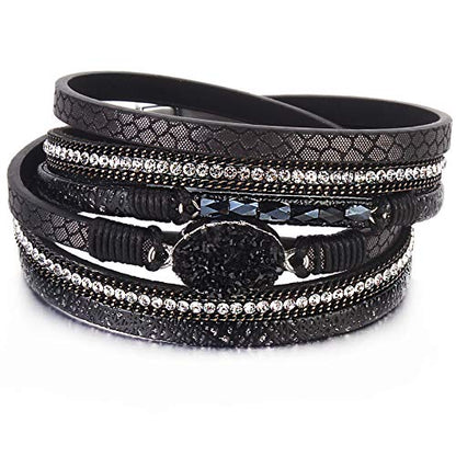 Boho Chunky Leather Wrap Bracelets Stackable Beaded Western Country Jewelry | Crystal Bead Trendy Layered Cuff Magnetic Clasp Stack Bohemian Statement Costume Outfits Cowgirl Fashion Hippie Accessories - color: Black, size: 14.7"