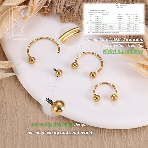 G23 Titanium 14/16/18/20G Septum Rings Horseshoe Nose Ring Jewelry | 2/3Pcs Circular Barbell Spike Lip Body Piercing Jewelry Conch Helix Tragus Earring Silver/Black 8/10/12mm 14K Gold Plated - color: Gold-3pcs, size: Balls-3pcs-20g-10mm