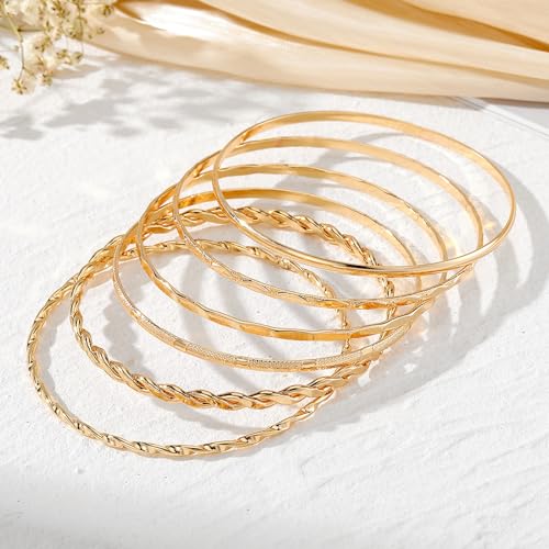 6 Pcs Gold Plated Bracelet Set for Women: Bangles, Cuffs & Dainty Chains | 14K Mixed Stackable Bracelets for Layered Look, Complete Jewelry Collection Gift - color: Color1