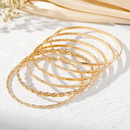 6 Pcs Gold Plated Bracelet Set for Women: Bangles, Cuffs & Dainty Chains | 14K Mixed Stackable Bracelets for Layered Look, Complete Jewelry Collection Gift - color: Color1