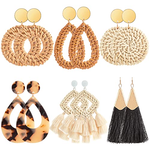 Ponpon 6-18 Pairs Earrings for Women, Lightweight Summer Earrings Straw Earrings Fashion Geometric Statement Hoop Dangle Drop Earrings for Women - style: Rattan Earrings-6 Pairs