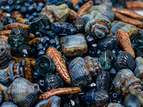 2.1oz (60 g) Mix of Unique Czech Bohemia Glass Pressed Beads, Dark Blue, Table Cut, Matte and Glossy, Faceted Fire Polish, Hand Made Set Kit BCV - color: Dark Blue Copper